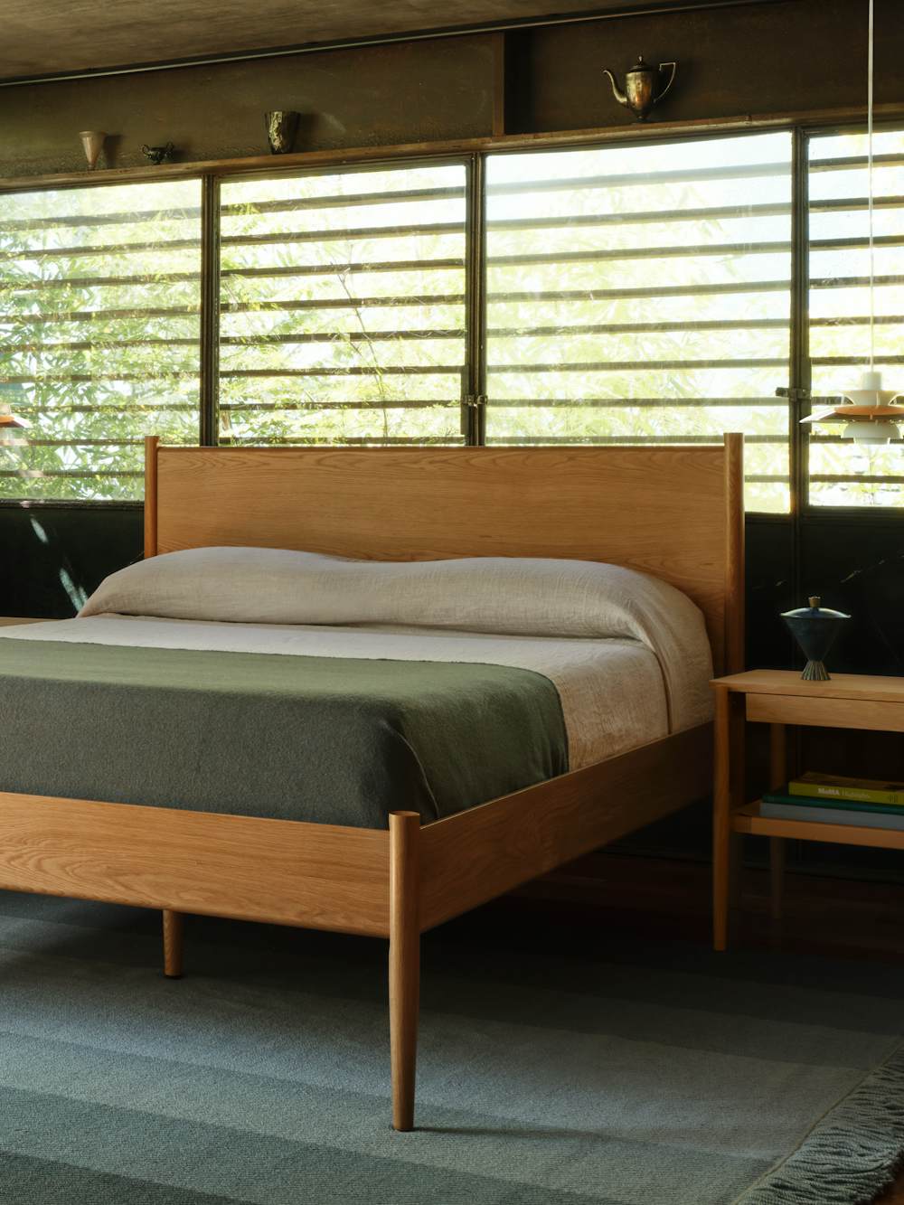 Cove Bed High in Oak, Risom Side Tables and Wave Rug