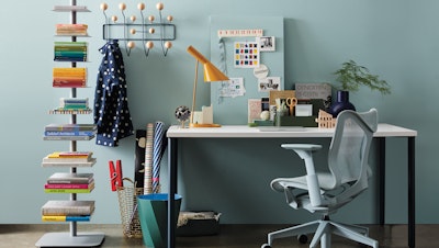 Story Bookcase, OE1 Table / Desk and Cosm Arm Chair in a home office setting 
